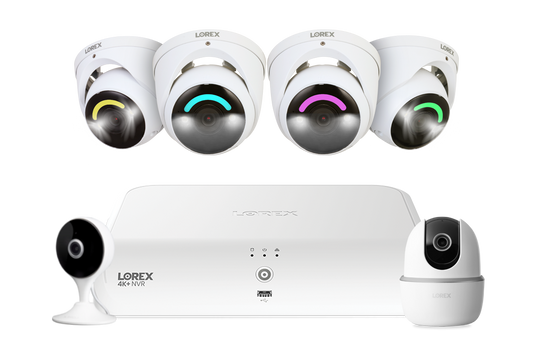 Lorex Fusion 4K+ 16 Channel (8 Wired + 8 Fusion Wi-Fi) 2TB NVR System with Four H16 Wired 4K IP Dome Cameras, One 2K Pan-Tilt Camera, and One 2K Indoor Wi-Fi Camera