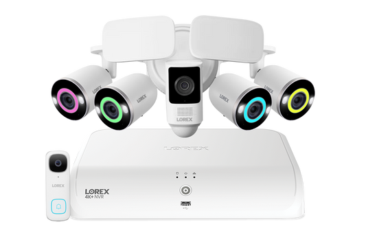 Lorex Fusion 4K+ 16 Channel (8 Wired + 8 Fusion Wi-Fi) 2TB NVR System with Four H16 Wired 4K IP Bullet Cameras, One 2K Wired Doorbell, and One 2K Floodlight