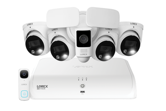 Lorex Fusion 4K+ 16 Channel (8 Wired + 8 Fusion Wi-Fi) 2TB NVR System with Four H13 Wired 4K IP Dome Cameras, One 2K Wired Doorbell, and One 2K Floodlight