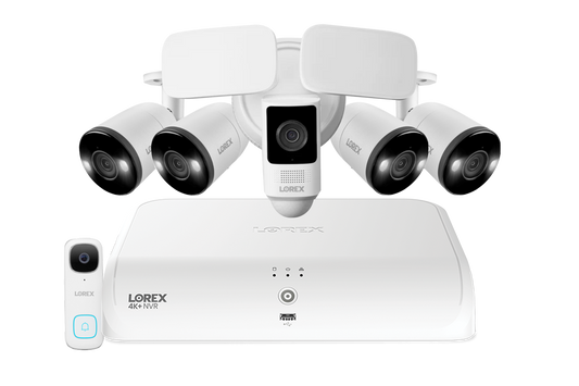 Lorex Fusion 4K+ 16 Channel (8 Wired + 8 Fusion Wi-Fi) 2TB NVR System with Four H13 Wired 4K IP Bullet Cameras, One 2K Wired Doorbell, and One 2K Floodlight
