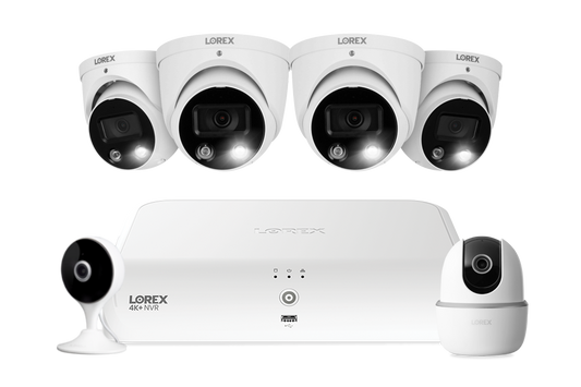 Lorex Fusion 4K+ 16 Channel (8 Wired + 8 Fusion Wi-Fi) 2TB NVR System with Four H13 Wired 4K IP Dome Cameras, One 2K Pan-Tilt Camera, and One 2K Indoor Wi-Fi Camera