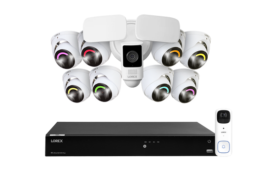 Lorex Fusion Series 4K 16 Camera Capable (Wired of Fusion Wi-Fi) 4TB Wired NVR System with Eight H16 IP Dome Cameras, One 2K Battery-Operated Doorbell, and One 2K Outdoor Floodlight